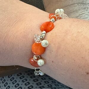 Vibrant Orange and Silver Stretchy Beaded Bracelet